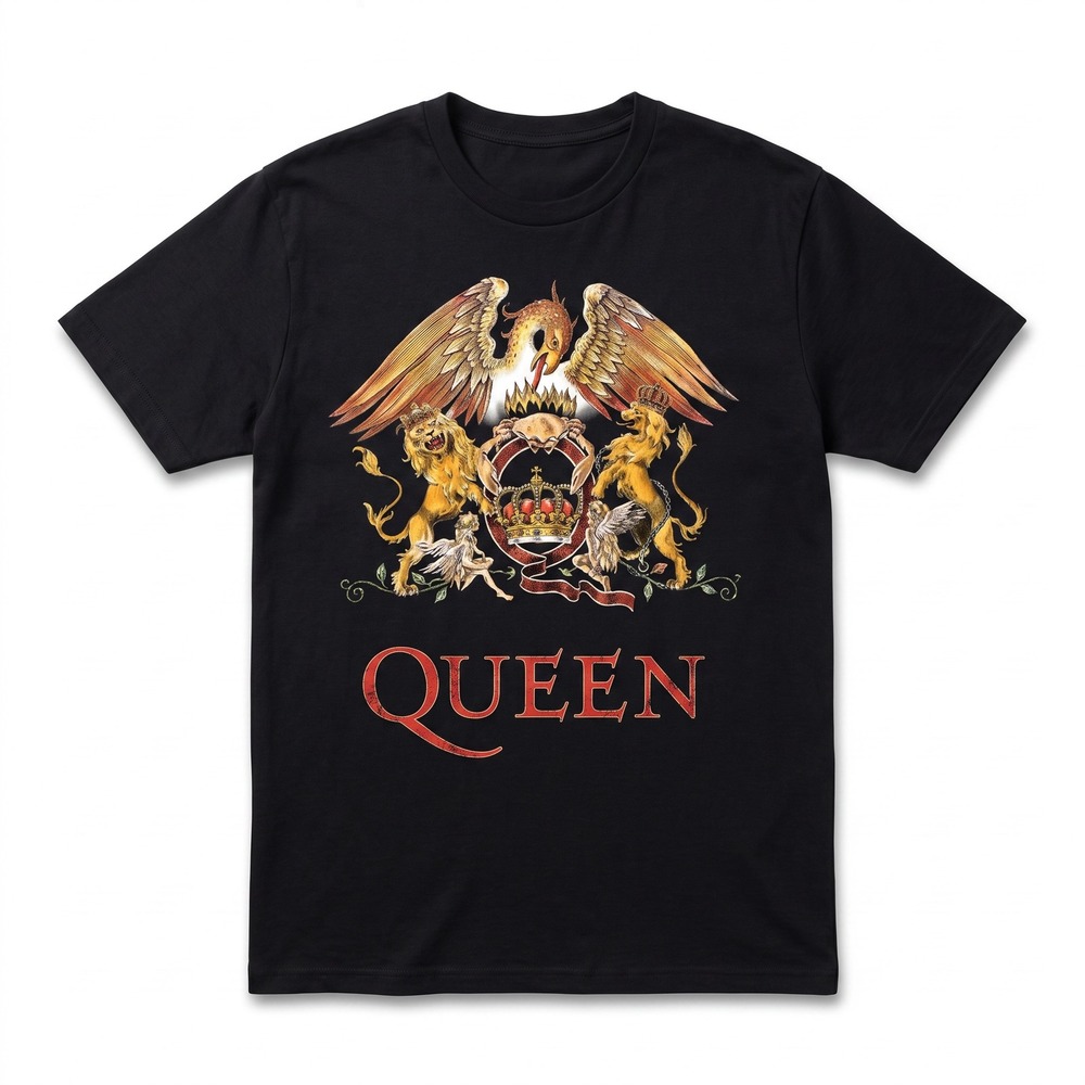 Queen Graphic Tee Mens Large Black Excellent Crest Logo Short Sleeve Shirt